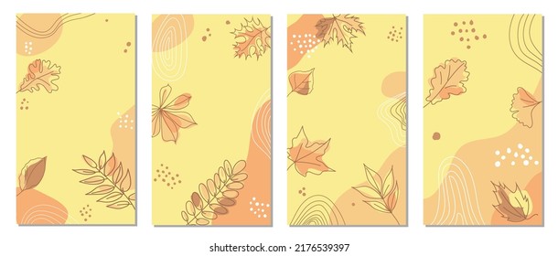 Fall Social Media Story Templates. Vector Set Of Vertical Abstract Trendy Backgrounds With Autumn Leaves And Abstract Elements. Pastel Colors.