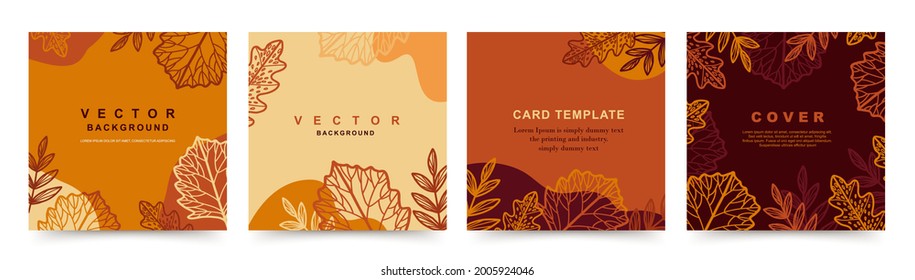 Fall square templates with autumn leaves and geometric shapes. Editable vector backgrounds for social media posts, sale, greeting cards, invitations, mobile apps, banners and web ads