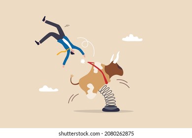 Fall from stock market or crypto bull run, investment failure or financial crisis, trader mistake causing money loss concept, frustrated businessman investor or trader falling from raging rodeo bull.