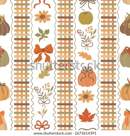 Fall stripes, pumpkin, flowers, cute coquette bows seamless pattern. Vertical striped autumn repeat background with ribbons, leaves, checkered elements. Vector Thanksgiving wallpaper, floral textile.