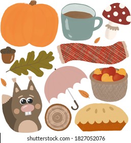 Fall styled set of illustrations. Scandinavian hygge cozy autumn illustration with pumpkin, cup of tea, leaves, basket of apples, scarf, an umbrella, an amanita mushroom, an acorn and a squirrel.