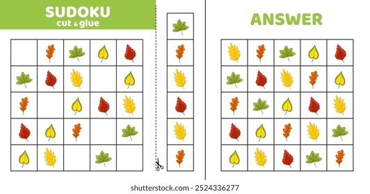 Fall sudoku with five fallen leaves. Game puzzle for kids. Cut and glue. Cartoon, isolated, vector, eps 10