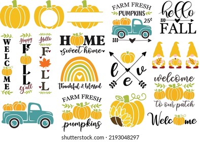 Fall Svg bundle - hello fall, welcome porch sign, farm fresh pumpkins truck. Autumn gnomes Svg cut file. Pumpkin clipart. Vector illustration isolated on white background. Farm harvest sign