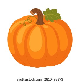 Fall symbol big pumpkin flat design element. Cartoon vector illustration isolated on white background. Autumn clip art object vegetable harvest icon. Thanksgiving halloween healthy food theme.