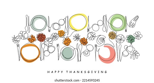 Fall table setting for celebration Thanksgiving or Friendsgiving day, family party or gathering. Flat-lay of plates, cutlery, glassware, colorful pumpkins and white background, top view line art