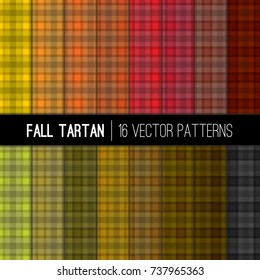 Fall Tartan Vector Patterns in Warm Autumn Colors with Gray Stripes. Thanksgiving Background. Modern Checkered Plaid in Different Styles. Vector Pattern Swatches Included.
