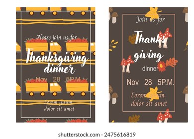 Fall thanksgiving invitation set. Autumn turkey day holiday posters. Invite to dinner, seasonal party thanksgiving template. Hand drawn autumn fall thanksgiving backgrounds collections.