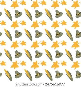 Fall thanksgiving pattern with autumn leaves and plants, animals. Cute fabric design. Thanksgiving day seamless background in traditional colors for clothes, textile, wrapping papers. Cute elements.