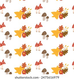 Patrón de acción de gracias de otoño con hojas y plantas de otoño, animales. Lindo diseño de tela. Día de Acción de Gracias fondo sin fisuras en colores tradicionales para ropa, textiles, papeles de envoltura. Lindos Elementos.
