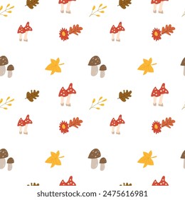 Fall thanksgiving pattern with autumn leaves and plants, animals. Cute fabric design. Thanksgiving day seamless background in traditional colors for clothes, textile, wrapping papers. Cute elements.