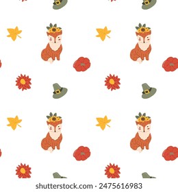 Fall thanksgiving pattern with autumn leaves and plants, animals. Cute fabric design. Thanksgiving day seamless background in traditional colors for clothes, textile, wrapping papers. Cute elements.