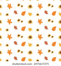 Fall thanksgiving pattern with autumn leaves and plants, animals. Cute fabric design. Thanksgiving day seamless background in traditional colors for clothes, textile, wrapping papers. Cute elements.