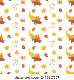 Fall thanksgiving pattern with autumn leaves and plants, animals. Cute fabric design. Thanksgiving day seamless background in traditional colors for clothes, textile, wrapping papers. Cute elements.