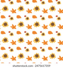 Patrón de acción de gracias de otoño con hojas y plantas de otoño, animales. Lindo diseño de tela. Día de Acción de Gracias fondo sin fisuras en colores tradicionales para ropa, textiles, papeles de envoltura. Lindos Elementos.