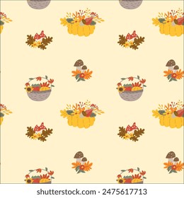 Patrón de acción de gracias de otoño con hojas y plantas de otoño, animales. Lindo diseño de tela. Día de Acción de Gracias fondo sin fisuras en colores tradicionales para ropa, textiles, papeles de envoltura. Lindos Elementos.