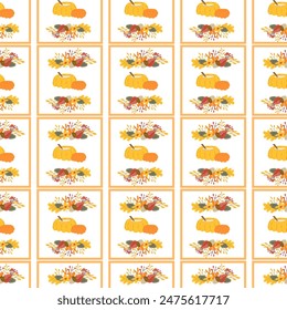 Fall thanksgiving pattern with autumn leaves and plants, animals. Cute fabric design. Thanksgiving day seamless background in traditional colors for clothes, textile, wrapping papers. Cute elements.