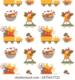 Fall thanksgiving pattern with autumn leaves and plants, animals. Cute fabric design. Thanksgiving day seamless background in traditional colors for clothes, textile, wrapping papers. Cute elements.