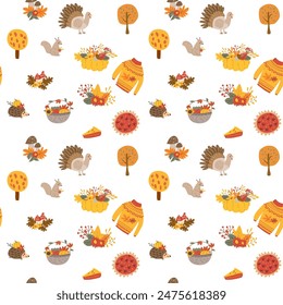 Herbst Thanksgiving Muster mit Herbstlaub und Pflanzen, Tiere. Nettes Stoffdesign. Thanksgiving Tag nahtloser Hintergrund in traditionellen Farben für Kleidung, Textil, Packpapier. Nette Elemente.