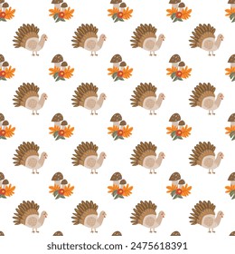 Fall thanksgiving pattern with autumn leaves and plants, animals. Cute fabric design. Thanksgiving day seamless background in traditional colors for clothes, textile, wrapping papers. Cute elements.