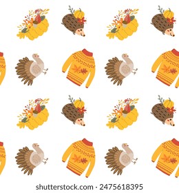 Fall thanksgiving pattern with autumn leaves and plants, animals. Cute fabric design. Thanksgiving day seamless background in traditional colors for clothes, textile, wrapping papers. Cute elements.