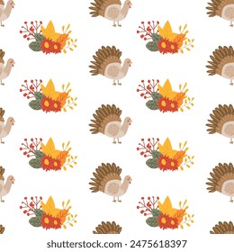 Fall thanksgiving pattern with autumn leaves and plants, animals. Cute fabric design. Thanksgiving day seamless background in traditional colors for clothes, textile, wrapping papers. Cute elements.