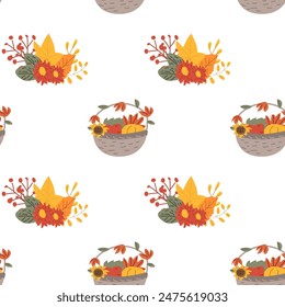 Fall thanksgiving pattern with autumn leaves and plants, animals. Cute fabric design. Thanksgiving day seamless background in traditional colors for clothes, textile, wrapping papers. Cute elements.