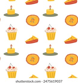Fall thanksgiving pattern with autumn leaves and plants, animals. Cute fabric design. Thanksgiving day seamless background in traditional colors for clothes, textile, wrapping papers. Cute elements.