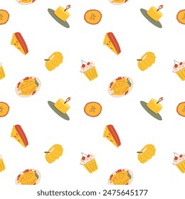 Fall thanksgiving pattern with autumn leaves and plants, animals. Cute fabric design. Thanksgiving day seamless background in traditional colors for clothes, textile, wrapping papers. Cute elements.