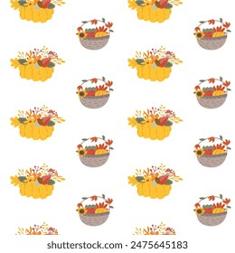 Fall thanksgiving pattern with autumn leaves and plants, animals. Cute fabric design. Thanksgiving day seamless background in traditional colors for clothes, textile, wrapping papers. Cute elements.