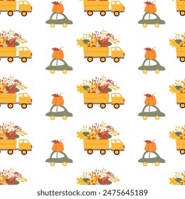Fall thanksgiving pattern with autumn leaves and plants, animals. Cute fabric design. Thanksgiving day seamless background in traditional colors for clothes, textile, wrapping papers. Cute elements.