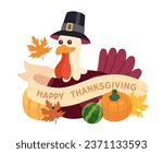 Fall thanksgiving pilgrim turkey 2D illustration concept. Countryside bird isolated cartoon character, white background. American harvest festival celebration metaphor abstract flat vector graphic