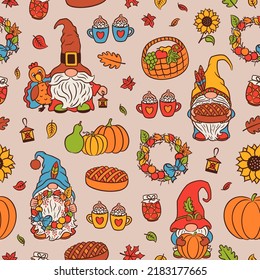 Herbst Thanksgiving nahtlose Muster mit Gnomen, Truthahn und Kürbis. Fröhliches helles Wiederholdesign für Papier, Stoffdruck. Herbstgarten, Bauernernernte, Kernthema. Gemütliches Zuhause, einfaches Wohngefühl.