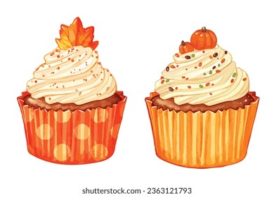 Ilustración vectorial aislada del armador del tema de caída. Muffins adornados en otoño