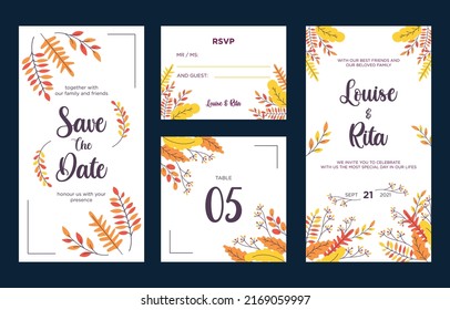 Vector de concepto de invitación al tema de caída. Elegante diseño de plantillas de tarjetas de boda.