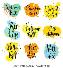 Fall theme sayings in modern calligraphy style with ink stains, blobs and strokes, isolated on background.Quotes for postcard, banner, wall decor, flyer, greetings. Handdrawn trendy organic design