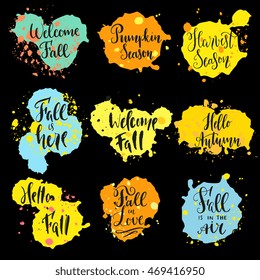 Fall theme sayings in modern calligraphy style with ink stains, blobs and strokes, isolated on background. Quotes for postcard, banner, wall decor, flyer, greetings. Handdrawn trendy organic design