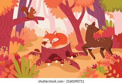 Fall theme set, forest animals hand drawn style. Hand drawn autumn fox and deer forest animals vector.