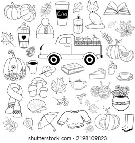 FAll theme set, forest Animals hand drawn style. Vegetables, trees, leaves, food for harvest festival. Cute autumn charactrs - bear, fox, raccoon, squirel. Vector illustration