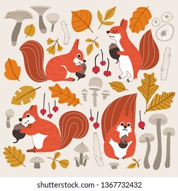 Fall themed cute squirrels vector illustration. Fall leaves, mushroom, tree branches, fruits, different squirrels collecting nuts.