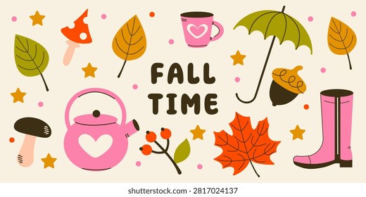 Fall Time Banner with maple and aspen leaves, mug, teapot, umbrella, fly agaric, porcini, acorn, rain boot and rowan berries. Vector design.