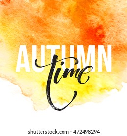 Fall time poster with colorful watercolor leaves. Vector illustration EPS10