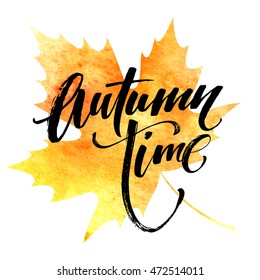 Fall time poster with colorful watercolor leaves. Vector illustration EPS10