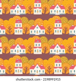 Fall town seamless pattern. Autumn background with houses for wallpaper, wrapping paper and fabric