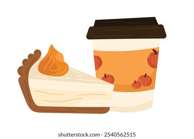 Сozy fall treats illustration of pumpkin pie slice with whipped topping and coffee cup on white background. Vector hot drink and pumpkin dessert in seasonal autumn joy concept. For fall kitchen decor.