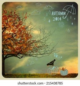 Fall Tree Poster - Instagram style autumn poster, with autumn tree and doodles, including clouds, raindrops, umbrella and pumpkins, mixed media illustration