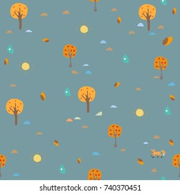 Fall Trees. Fall landscape background with trees, rain drops. Hand Drawn Design. Vector Illustration. Holiday Card. For cards, backgrounds, wallpaper, wrapping, etc.