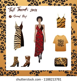 Fall trends 2018. Animal print. Fashion elements of clothes. Dress, T-shirt, shoes, bag, T-shirt