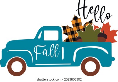 Fall truck with pumpkin svg vector Illustration isolated on white background.Happy fall truck shirt design. Pumpkin truck for autumn shirt design. Fall sublimation. Hello autumn truck with leaves svg