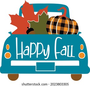 Fall truck with pumpkin svg vector Illustration isolated on white background.Happy fall truck shirt design. Pumpkin truck for autumn shirt design. Fall sublimation. Hello autumn truck with leaves svg