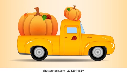 Fall truck with pumpkin vector Illustration. Happy fall truck shirt design. Pumpkin truck for autumn shirt design. Fall sublimation. Hello autumn truck with pumpkin
